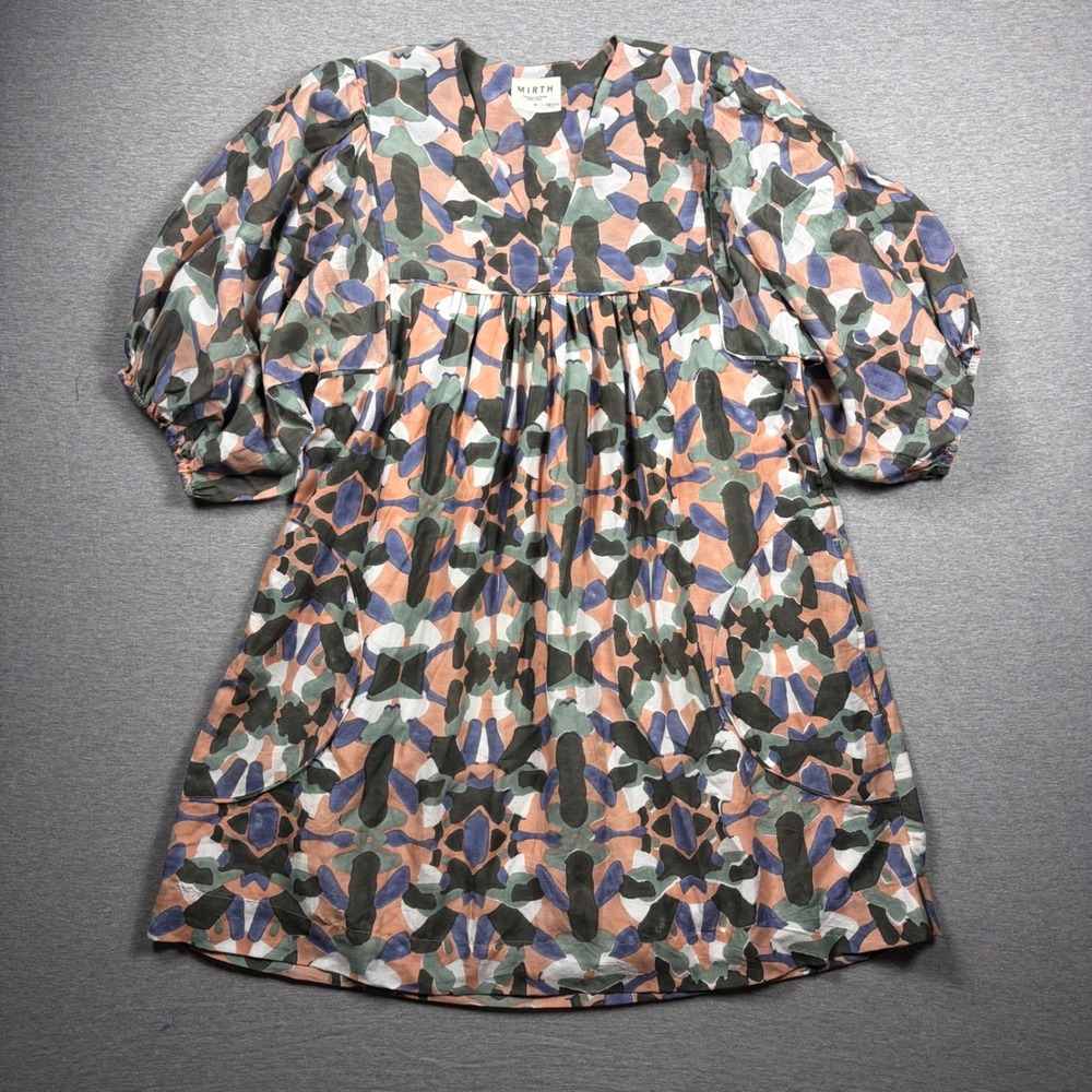 MIRTH Belem Dress M Calypso in Jamboree Pink Gray Hand Block Printed Pockets